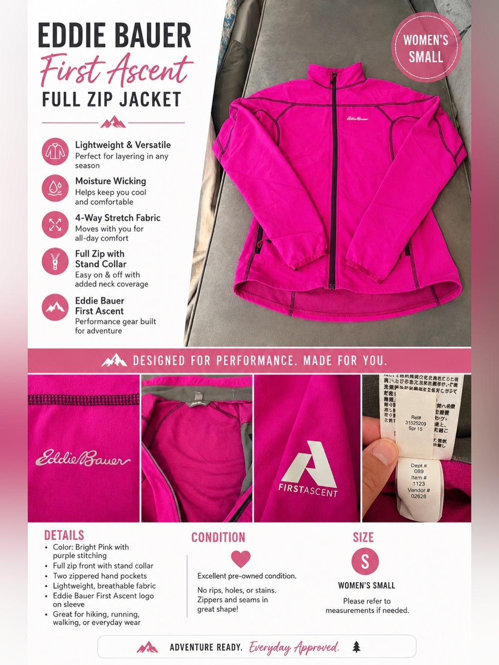 Eddie Bauer Bright Pink First Ascent Full-Zip Jacket